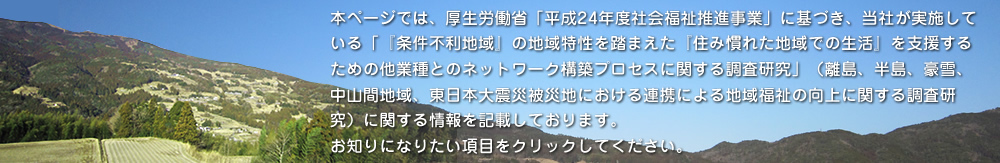 本ページでは、厚生労働省「平成24年度社会福祉推進事業」に基づき、当社が実施している「『条件不利地域』の地域特性を踏まえた『住み慣れた地域での生活』を支援するための他業種とのネットワーク構築プロセスに関する調査研究」（離島、半島、豪雪、中山間地域、東日本大震災被災地における連携による地域福祉の向上に関する調査研究）に関する情報を記載しております。お知りになりたい項目をクリックしてください。